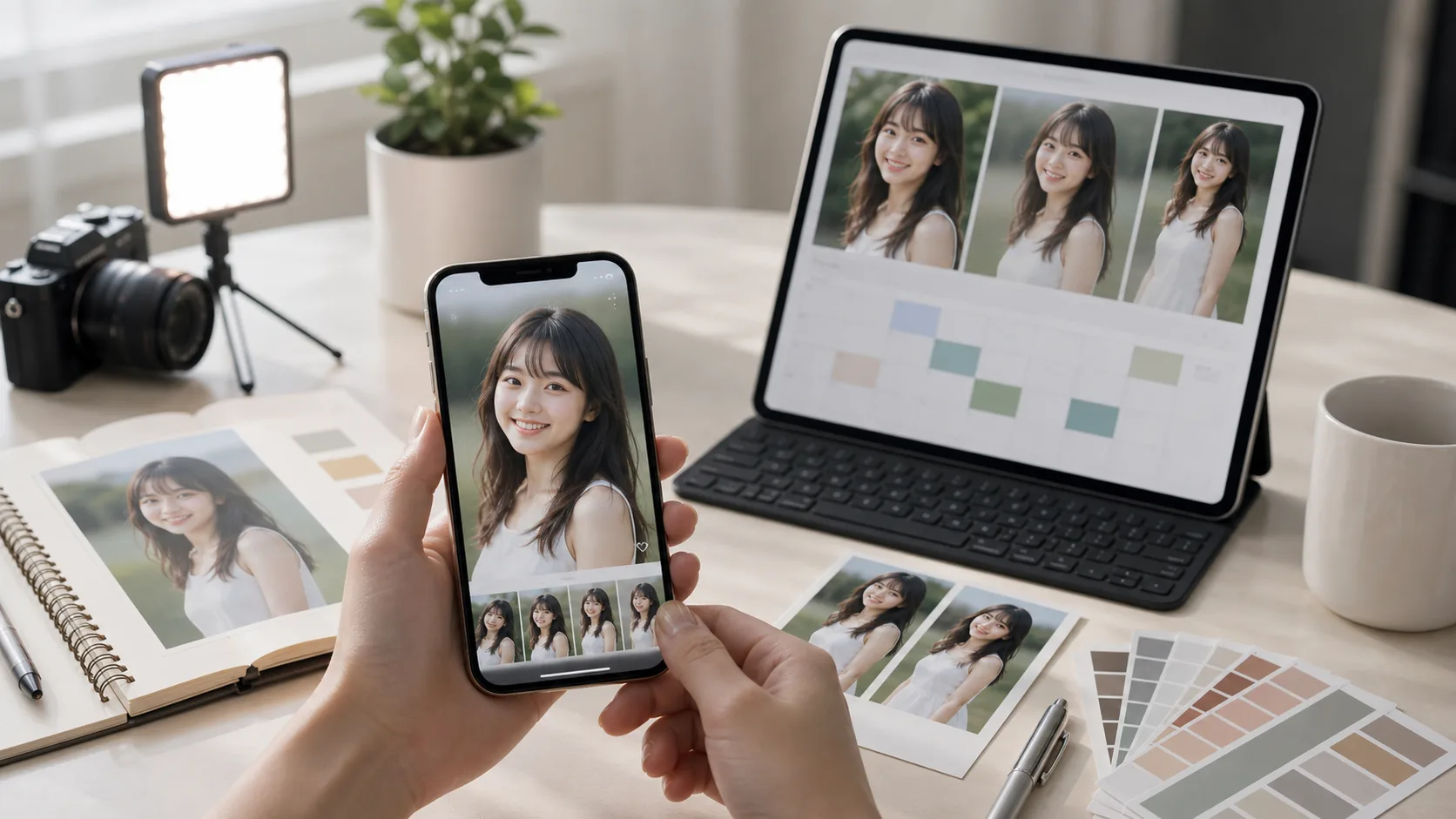 スマートフォン越しにAIインフルエンサーのSNS投稿を企画する様子