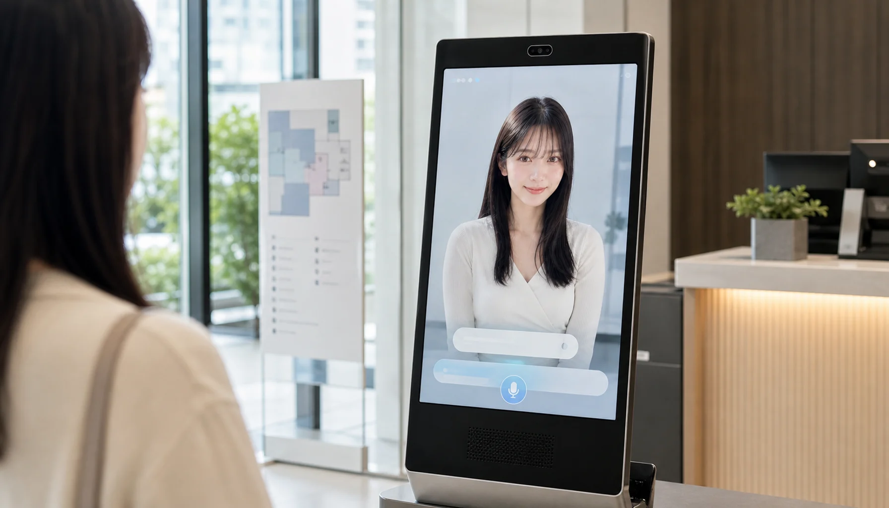 清水渚をベースにした対話型アバターが受付や案内に応答するデジタルヒューマン画面