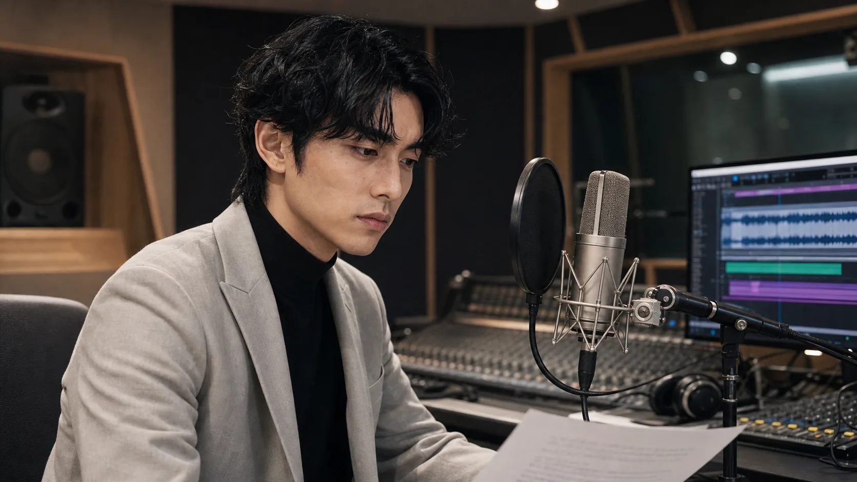 寺島孝之がレコーディングスタジオで音楽制作に向き合う様子