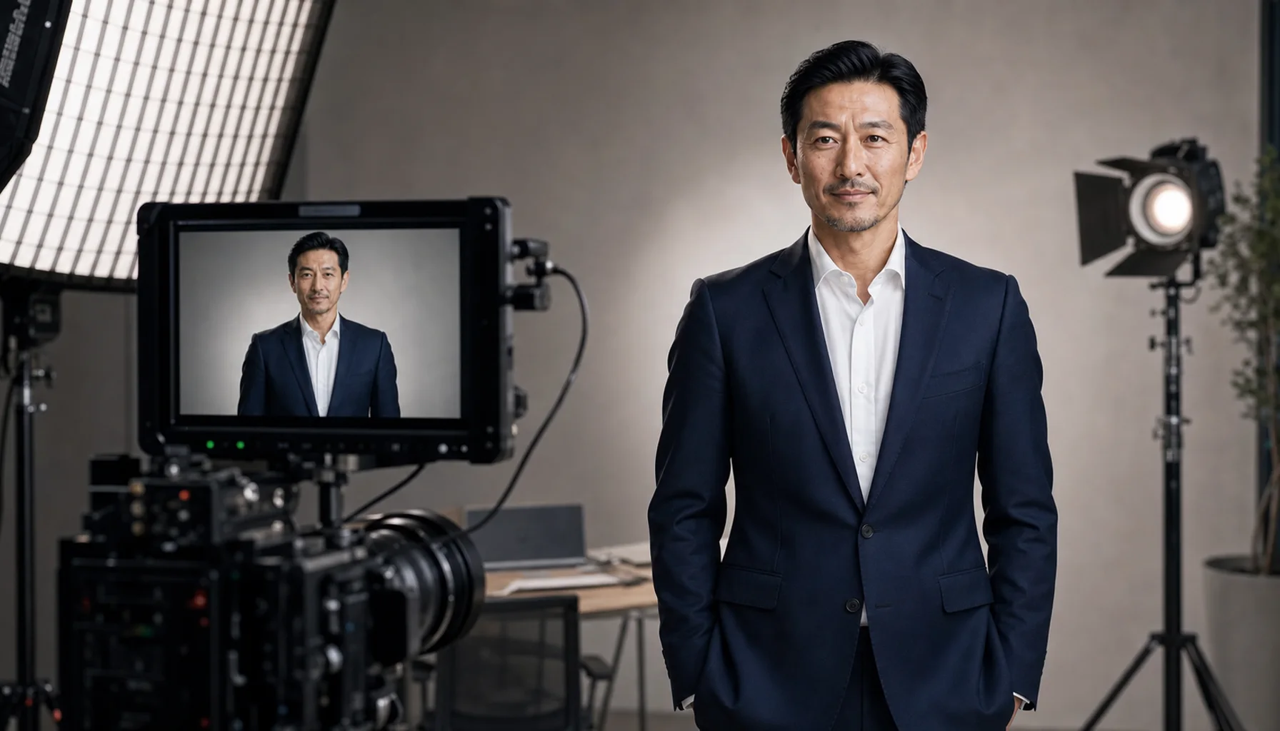 撮影スタジオで如月智也を起用したCM制作を行う様子